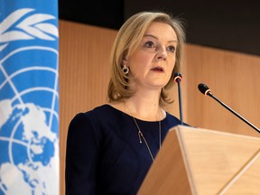 British Foreign Secretary Liz Truss at the European headquarters of the United Nations in Geneva, Switzerland, on March 1, 2022.