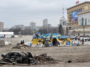 The square outside the damaged local city hall of Kharkiv on March 1, 2022, destroyed as a result of Russian troop shelling in Ukraine.