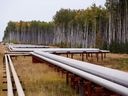 Pipelines run at the McKay River Suncor oil sands in-situ operations near Fort McMurray, Alberta.