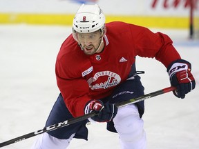 Washington Capitals captain Alexander Ovechkin practices at the Scotiabank Saddledome on Oct. 26, 2018.