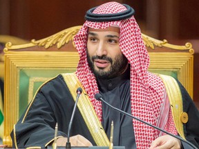 Saudi Crown Prince Mohammed bin Salman speaks during the Gulf Summit in Riyadh, Saudi Arabia.