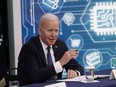 U.S. President Joe Biden speaks in the Eisenhower Executive Office Building in Washington, D.C.