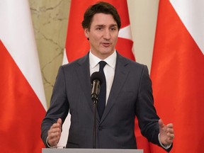 Canadian Prime Minister Justin Trudeau in Warsaw, Poland on March 10, 2022.
