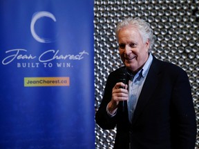 Veteran Conservative Party figure Jean Charest launches his bid for the party leadership at an event in Calgary on March 10, 2022.