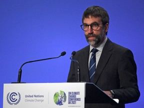 Minister of Environment and Climate Change Steven Guilbeault speaks at the COP26 Climate Change Conference in Glasgow on Nov. 12, 2021.