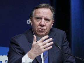 Quebec Premier Francois Legault during a news conference in Montreal.