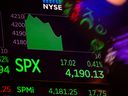 A monitor with stock market information on the floor of the New York Stock Exchange.