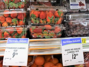 Strawberries, grapes and other produce items at the Northern in Fort Chipewyan, Alberta.