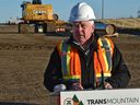 Ian Anderson, President and CEO of Trans Mountain, speaks at an event near Edmonton.