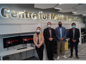 L to R: Dr. Vicki Mowat, Director, Research at Sheridan; Dr. Ed Sykes, Director of the Sheridan Centre for Mobile Innovation; Neel Dayal, Senior Director, Innovation and Partnerships, Rogers Communications; Dr. Khaled Mahmoud, Professor, Sheridan Faculty of Applied Science and Technology and Lead Researcher on Rogers/CMI research