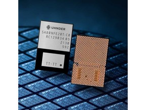 Uhnder's digital radar-on-chip will be fully automotive qualified in April 2022.  Shown here are the front and back of chip.