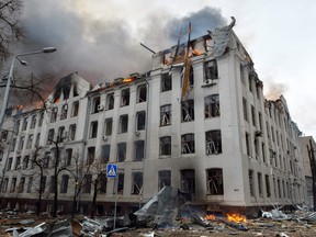 The scene of a fire at the Economy Department building of Karazin Kharkiv National University, allegedly hit during recent shelling by Russia, on Wednesday.