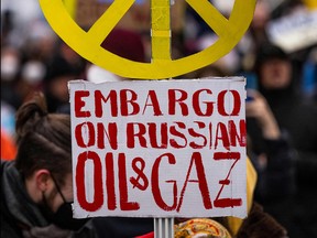 An anti-war protester displays a placard calling for an embargo on Russian oil and gas at a rally in Berlin.