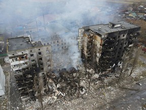 A residential building destroyed by shelling, as Russia's invasion of Ukraine continues, in the settlement of Borodyanka in the Kyiv region today.