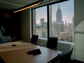 The Empire State building out the window of a meeting room at the Bank of Montreal (BMO) offices in New York.