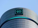 The new GM logo is seen on the facade of the General Motors headquarters in Detroit.