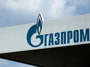 The logo of Russia's energy giant Gazprom is pictured at one of its petrol stations in Moscow.
