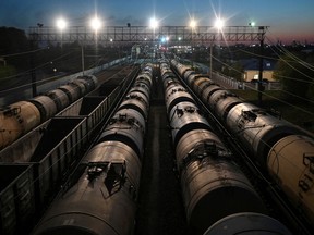 Oil tanks sit on rail tracks in Omsk, Russia.