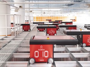 Warehouse robots, manufactured by AutoStore Holdings Ltd., at a demonstration of the soon to be completed micro fulfillment center at the K-Citymarket Ruoholahti in Helsinki, Finland.
