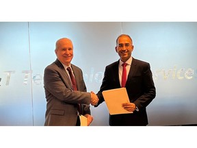 Martin Peryea, CEO (left) of Jaunt Air Mobility signs an agreement with Amit Chadha, CEO & MD of LTTS (right)