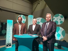 L-R: Subid Wagley, Director, Business Operations, California Mobility Center, Wally Hunter, Managing Director, EnerTech Capital and Rick Christiaanse, CEO, Invest Alberta - sign MOU in Alberta, Canada, April 26, 2022