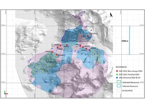 Plan view of the SKG MRE with historical drilling and new drilling completed in 2021 showing (highlighted in red) hole location of assay results included in this News Release.  Note that all the reported holes are within unclassified resource area, therefore confirming the potential to upgrade and significantly expand the existing MRE for Skaergaard.
