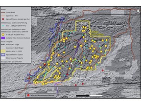 The Atikokan Gold Project showing 85th percentile gold and silver lake sediment assays(2,3), key major and minor interpreted fault targets, selected third party gold assays from assessment reporting and Agnico's Melema Option property. Background is greyscale DEM topographic base.