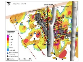 Oblique view of modeled mine trend at Eagle showing pierce points corresponding to completed drill holes from the Phase I program as well as target pierce points for Phase II.