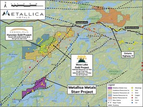 Location of Metallica Metals' Starr Gold-Silver Project with respect to adjacent properties including the Moss Lake gold deposit (sources: 2013 NI 43-101 Technical Report and PEA for the Moss Lake Project and Kesselrun Resources October 7, 2020 news release)