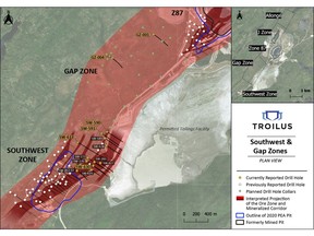 Plan View Map of Southwest, Gap and Z87 Zones Showing Current and Previously Reported Drilling