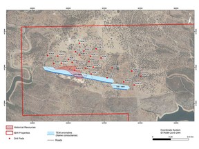 Romanera deposit initial planned drill pad locations. Drilling platforms have been planned on existing trails and roads, to minimize the environmental footprint of the drill program.  Note the surface projection of the Romanera deposit in red.  The deposit has only been drilled along 450 meters of the 1,200 meter long TDEM conductor that is associated with the mineralization at the Romanera Deposit.