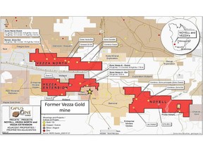 Shows the Opus One Gold Corp projects location along with different gold showings found on those claims over the years