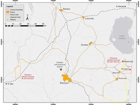 Infrastructure map showing the location of Nkalonje and Songwe in Mkango's Phalombe Licences relative to the commercial capital Blantyre, other towns, and the Tete–Nacala railway. Grid is UTM Zone 36S in WGS84 Datum.
