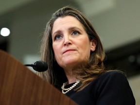 Deputy Prime Minister and Minister of Finance Chrystia Freeland speaks at a press conference in Ottawa.