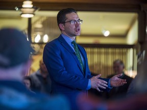Conservative Party of Canada leadership candidate Pierre Poilievre speaks to a group of supporters inside the Belleville Club in Belleville, Ont.