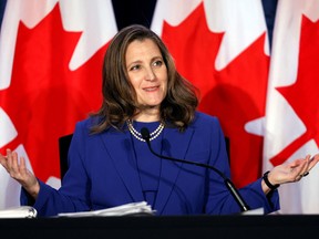 Finance Minister Chrystia Freeland holds a news conference before delivering the 2022-23 budget in Ottawa on April 7, 2022.