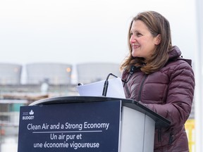 Deputy Prime Minister Chrystia Freeland speaks at a media event at Alberta Carbon Conversion Technology Centre in Calgary on April 14, 2022.