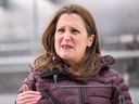 Deputy Prime Minister Chrystia Freeland speaks at a media event in Calgary on April 14, 2022. 