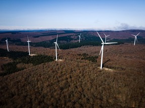 Wind turbines in Cuxac Cabardes, southwestern France.