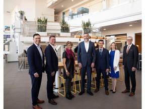 From left, Doug Schweitzer, Alberta Minister of Jobs, Economy and Innovation, Dean Prevost, President of Integration, Rogers, Jyoti Gondek, Calgary Mayor, Jorge Fernandes, Chief Technology and Information Officer, Rogers, Damian Poltz, Senior Vice President, Wireline Technology & Strategy, Shaw, Candice McLeod, Senior Vice President, Enterprise Business Solutions, Shaw and Zoran Stakic, Chief Operating Officer & Chief Technology Officer, Shaw at the THINKLab Advisory Council unveiling in Calgary, Alberta, April 2022.