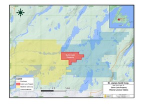 Figure 1. Quinn Lake Property in red between Marathon's Valentine Gold Project in yellow to the west and the Canterra's-Wilding Gold Project in blue to the east.