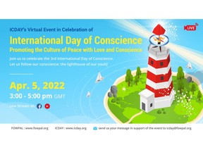 FOWPAL will observe the International Day of Conscience virtually on April 5, with a focus on conscience education (https://www.youtube.com/watch?v=EQQz_ViMrGg) to build character in younger generations and help the world move toward a better and more stable future.