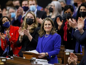 Finance Minister Chrystia Freeland gets a standing ovation while presenting the budget on Thursday.