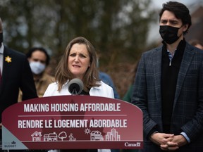 Finance Chrystia Freeland speaks during an event announcing investments from the federal budget in housing in Hamilton, Ont., on Friday.