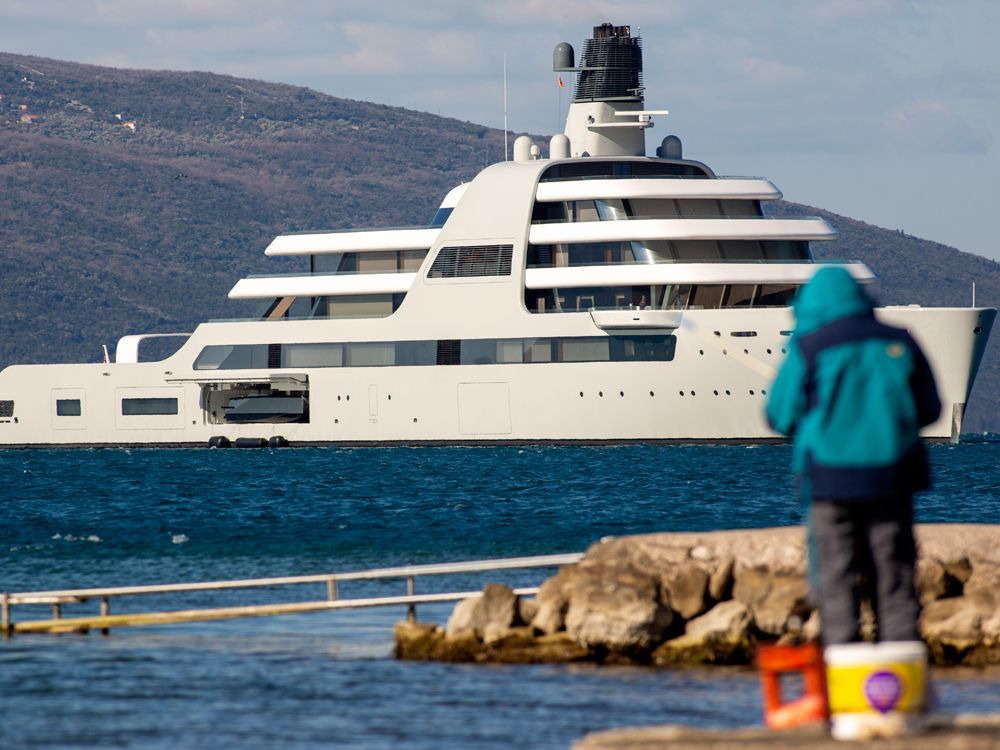 The superyacht, Solaris, owned by Roman Abramovich, arrives in the waters of Porto Montenegro on March 12, 2022.