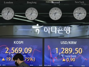 A currency trader walks by the screens showing the Korea Composite Stock Price Index (KOSPI), left, and the foreign exchange rate between U.S. dollar and South Korean won at a foreign exchange dealing room in Seoul, South Korea, Friday, May 13, 2022.