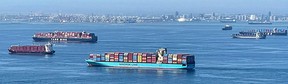 Container ships wait off the coast of the congested Ports of Los Angeles and Long Beach in October, 2021.