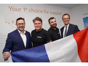 From left to right: Anthony Cox, Vice President, Customer Support, Bombardier; Mobile Response Team Engineers Pietro Iacubino and Sylvain Moratille; and Guillaume Landrivon, Vice President, Smart Services and Programs.