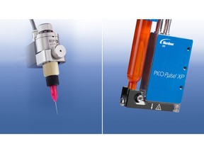 xQR41 Series MicroDot™ needle valve (left) and PICO Pµlse XP jet valve (right).
