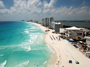 An aerial view of a beach in Cancun, Mexico.